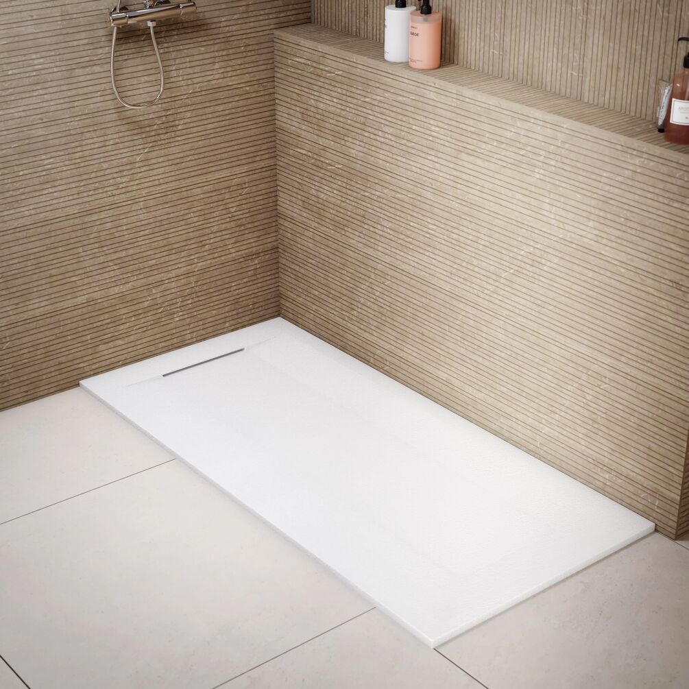Lifestyle image of the Onyx Zeus Plus White Stone Effect 1700mm x 800mm Shower Tray
